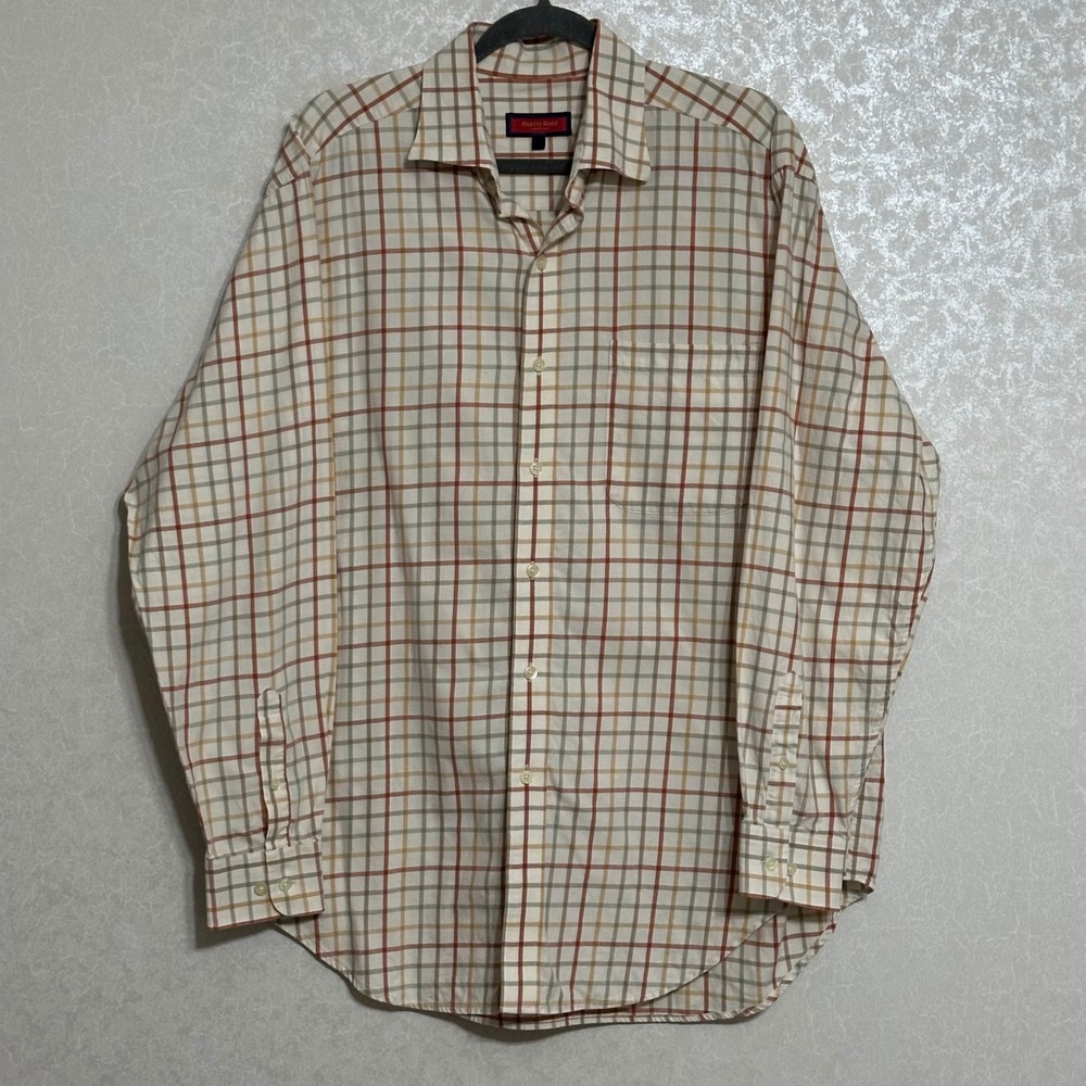 Austin Reed Tattersall Check Button Down 100% Cotton Classic Fit Tan Rust L